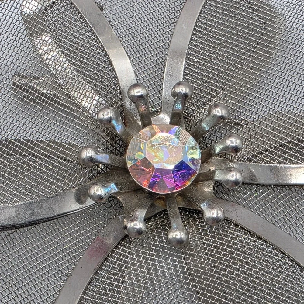 Vintage BED Silver Tone Mesh Flower‎ Brooch Aurora Borealis AB Rhinestone Pin